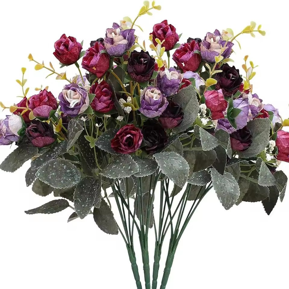 Buquê Rosas Encanto Vinho & Lilás – Kit 3 Hastes Seda