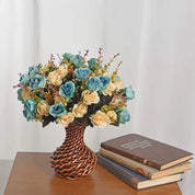 Buquê de Flores Artificiais Premium Azul e Dourado — Arranjo de Seda Sofisticado para Sala