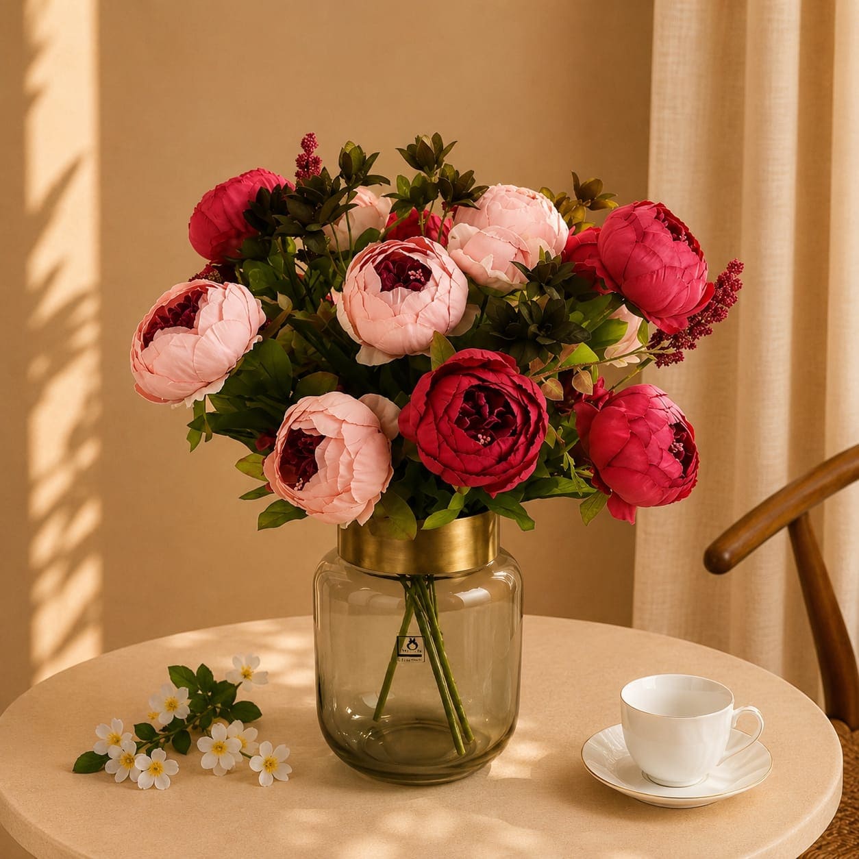 Flores artificiais peônias rosa arranjo decorativo sem manutenção
