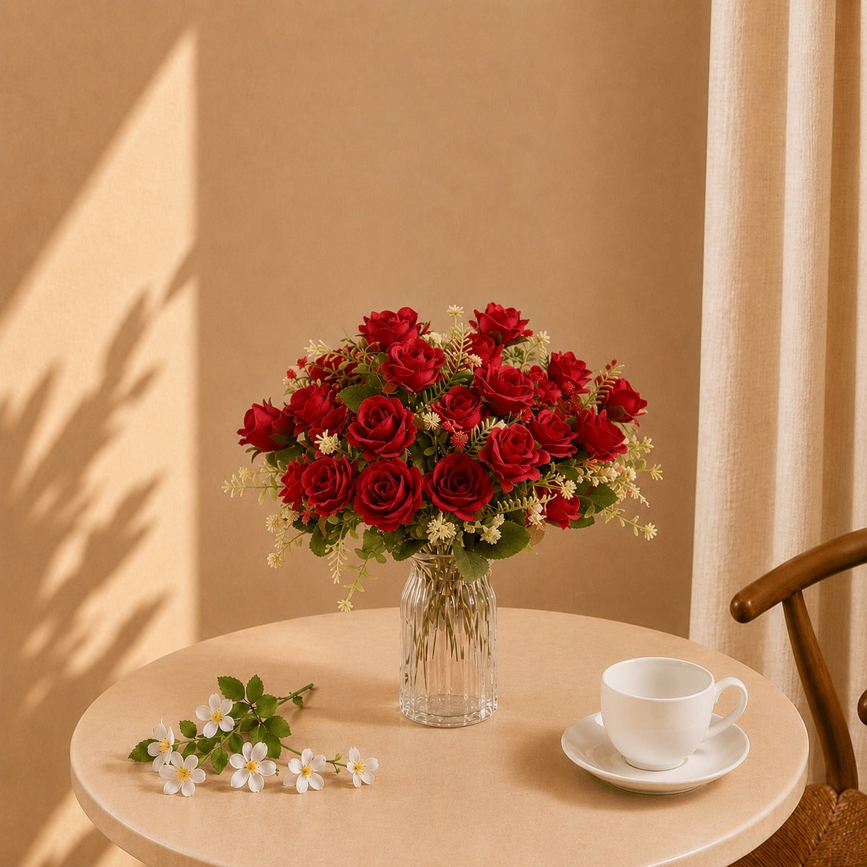 Flores artificiais rosas vermelhas em vaso de vidro sobre mesa bege – arranjo decorativo premium Izara Flores
