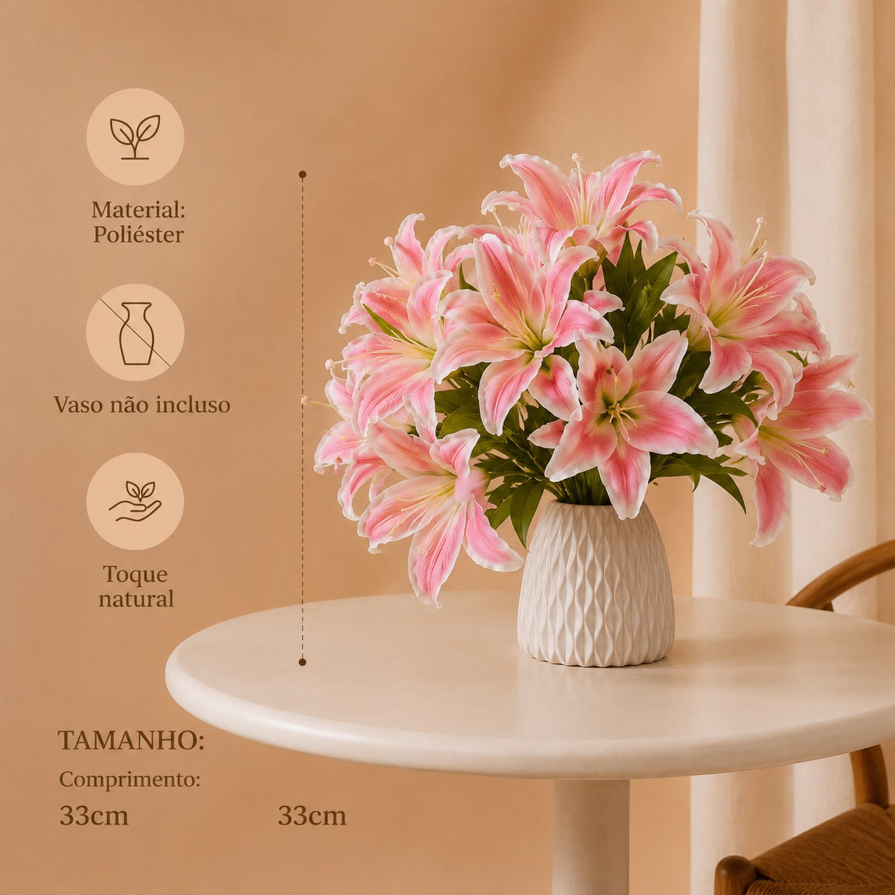 Flores artificiais lírio rosa touch real 33cm — kit flores artificiais realistas em poliéster, vaso não incluso, toque natural