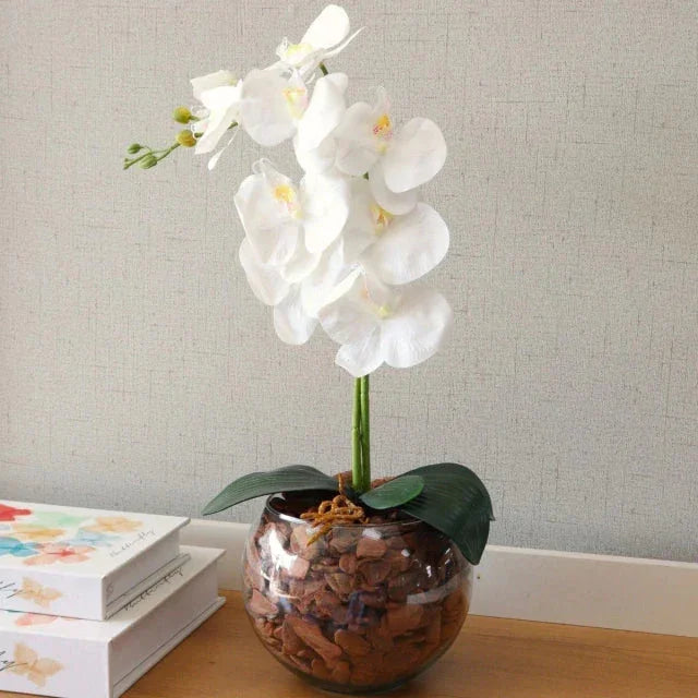 Mini Orquídea Artificial - Beleza Eterna e Realismo Incrível com Vaso de Vidro