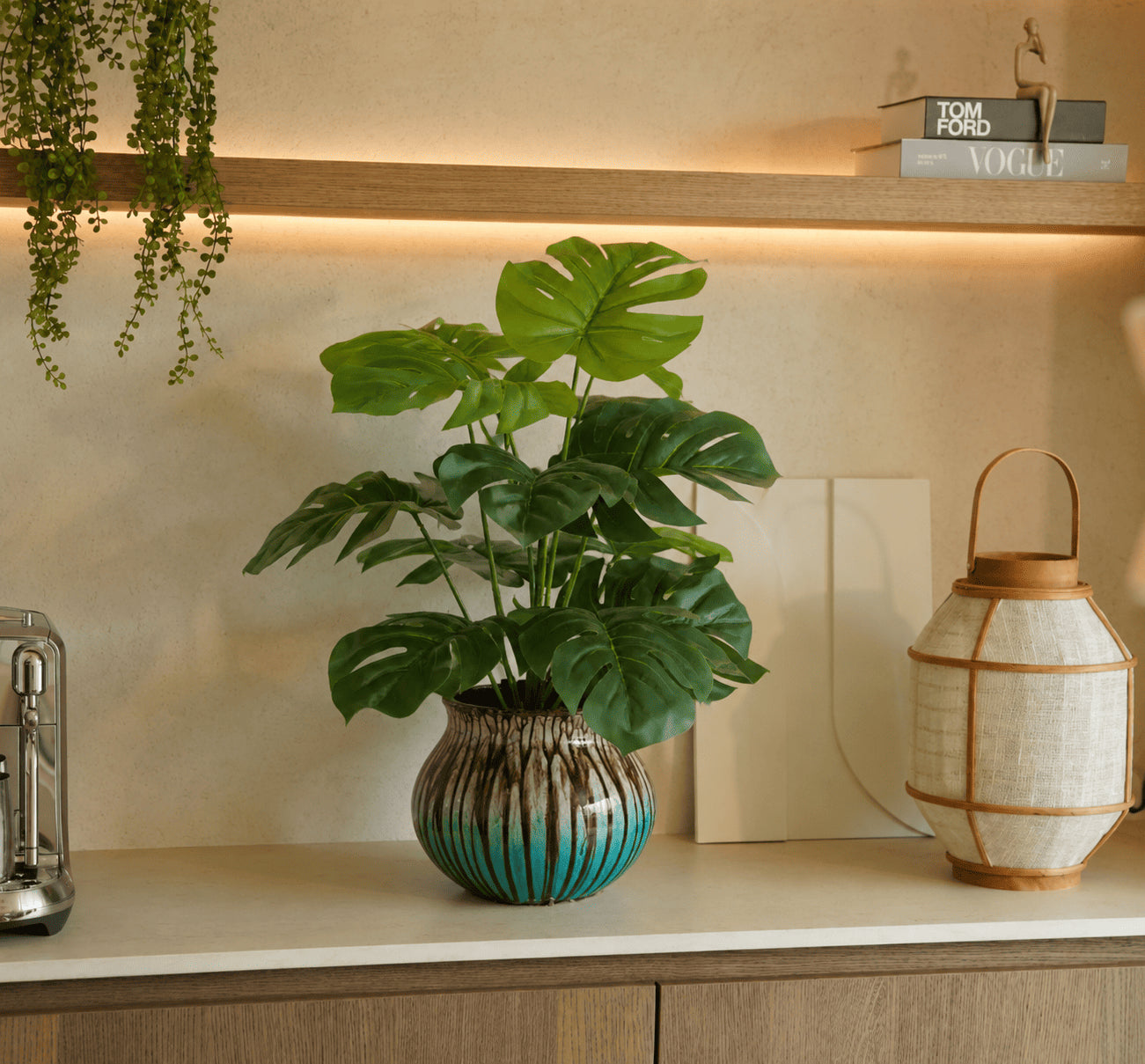 Planta artificial realista monstera premium 43cm, folhas verdes tropicais