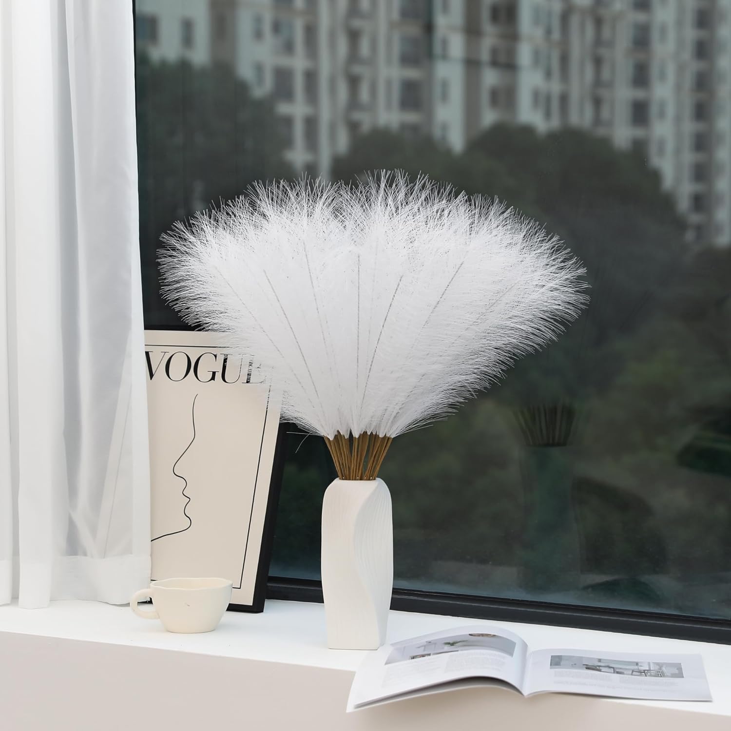 Capim dos Pampas Artificial Branco Premium – Kit com 30 Hastes | Decoração Boho Sofisticada