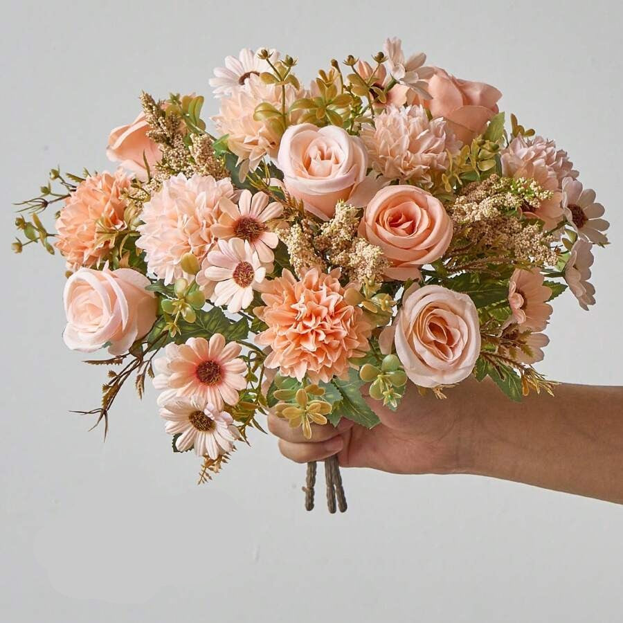 Buquês de Flores Artificiais Rosa e Pêssego de Seda Premium