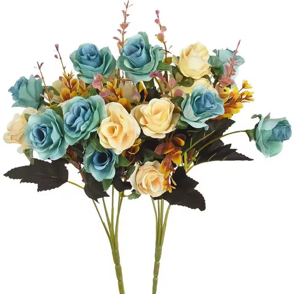 Buquê de Flores Artificiais Premium Azul e Dourado — Arranjo de Seda Sofisticado para Sala