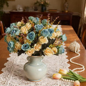 Buquê de Flores Artificiais Premium Azul e Dourado — Arranjo de Seda Sofisticado para Sala