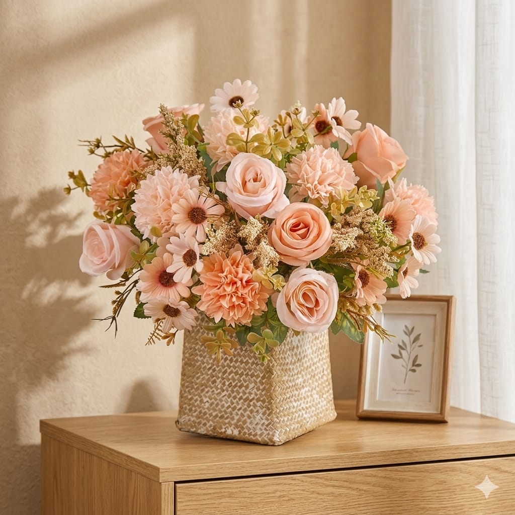 Buquês de Flores Artificiais Rosa e Pêssego de Seda Premium
