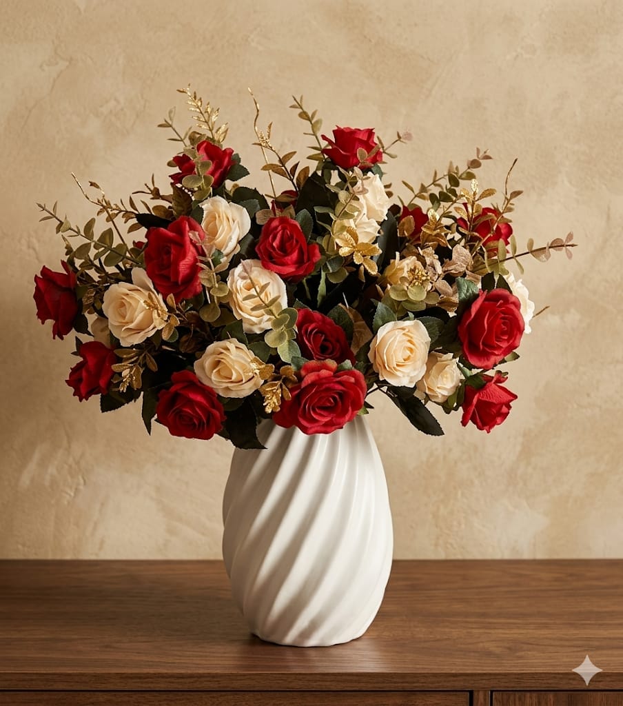 Buquê de Rosas Artificiais Premium — Flores de Seda Vermelhas e Rosê para Decoração