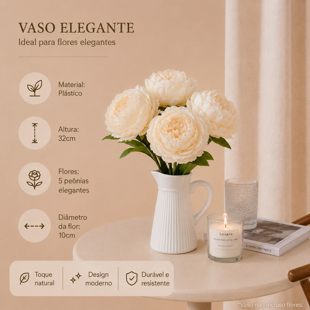 Peônias Artificiais Brancas Premium – Buquê com 5 Hastes
